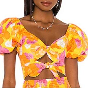 Agua Bendita Yellow and Pink Puff Sleeve Crop Blouse